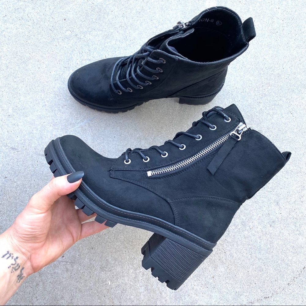 New Black Vegan Suede Zip Lace Up Moto Boots - Picture 2 of 8